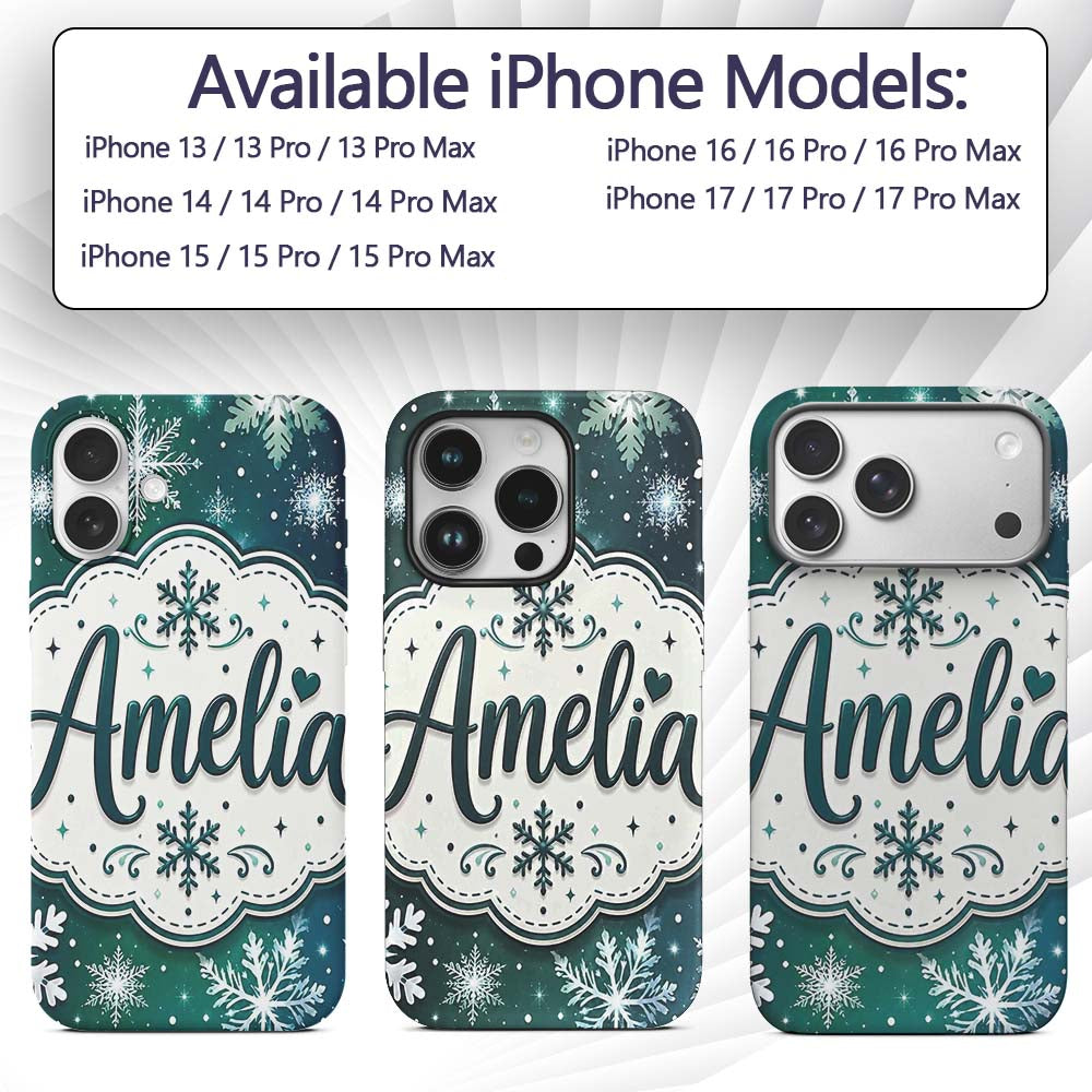 Elegant Blue Green Snowflake Winter Seamless Custom Name Protective Phone Case Mobile Cover Durable Everyday Smartphone Shock Resistant
