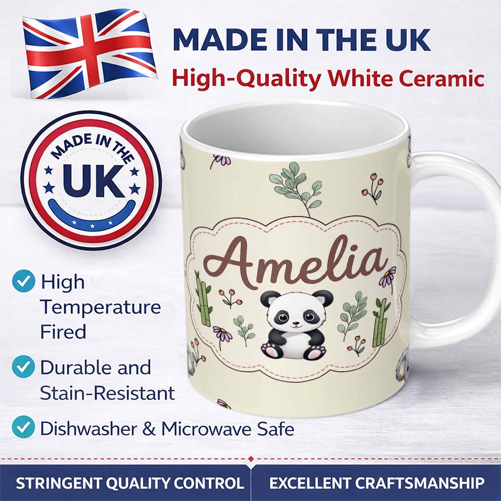 Personalized Custom Name Cute Panda Bear with Bamboo Leaves Floral Seamless Pattern Cream 11oz Ceramic Coffee Tea Mug White Large Handle