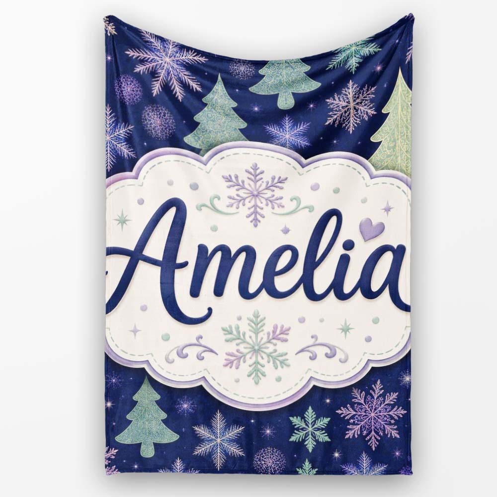 Elegant Winter Snowflakes and Christmas Trees Dark Blue Seamless  Personalised Custom Name Super Soft Fleece Blanket Bed Sofa Throw