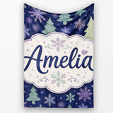Elegant Winter Snowflakes and Christmas Trees Dark Blue Seamless  Personalised Custom Name Super Soft Fleece Blanket Bed Sofa Throw