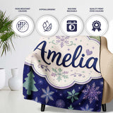 Elegant Winter Snowflakes and Christmas Trees Dark Blue Seamless  Personalised Custom Name Super Soft Fleece Blanket Bed Sofa Throw