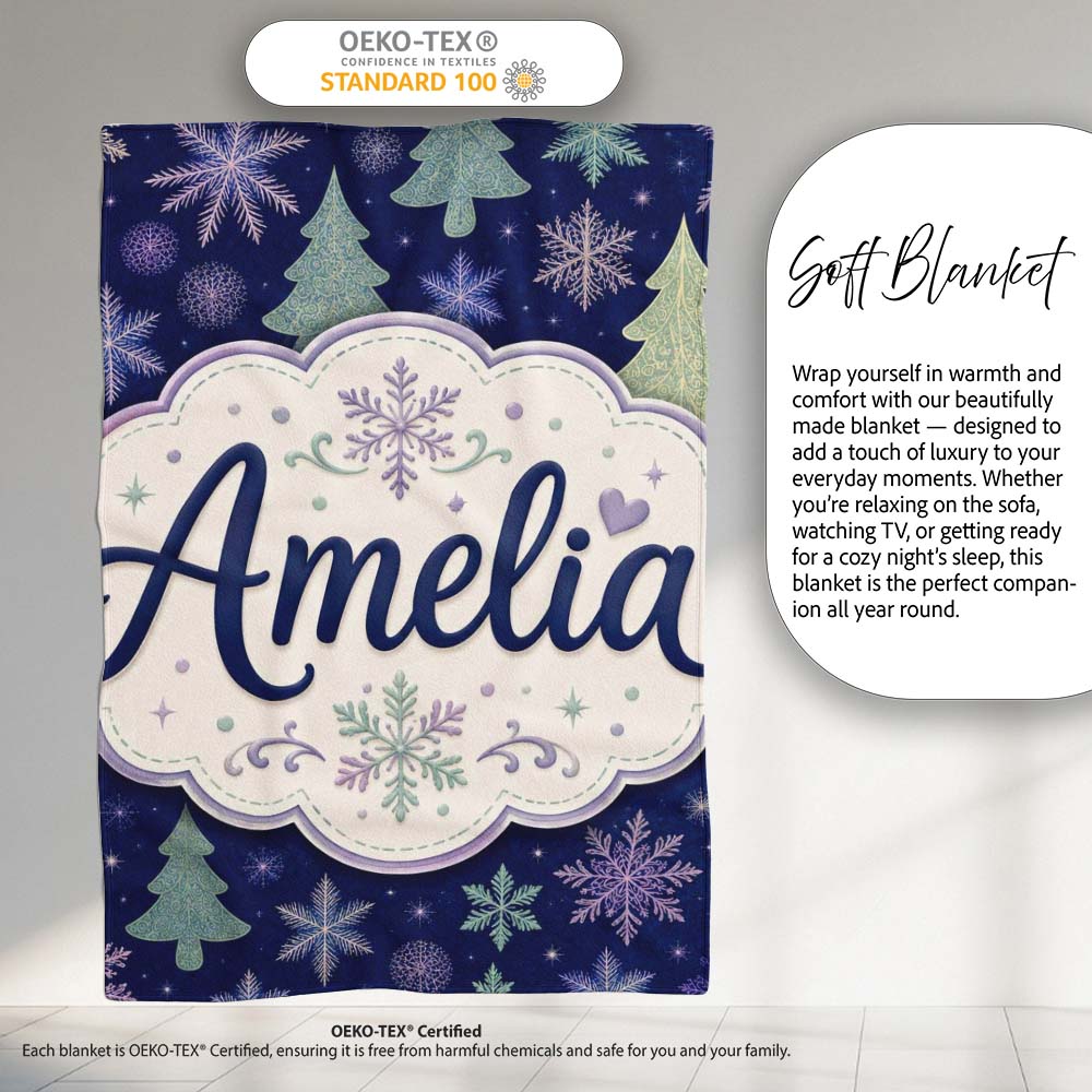 Elegant Winter Snowflakes and Christmas Trees Dark Blue Seamless  Personalised Custom Name Super Soft Fleece Blanket Bed Sofa Throw
