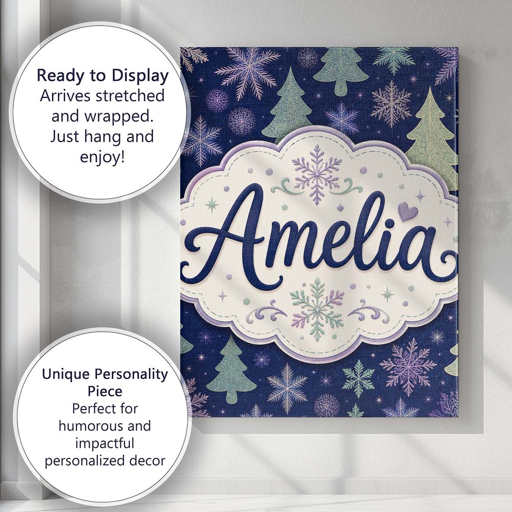 Personalised Name Elegant Winter Snowflakes Custom  Bespoke Interior Contemporary Canvas Wall Art Print Decor Picture Ready to Hang