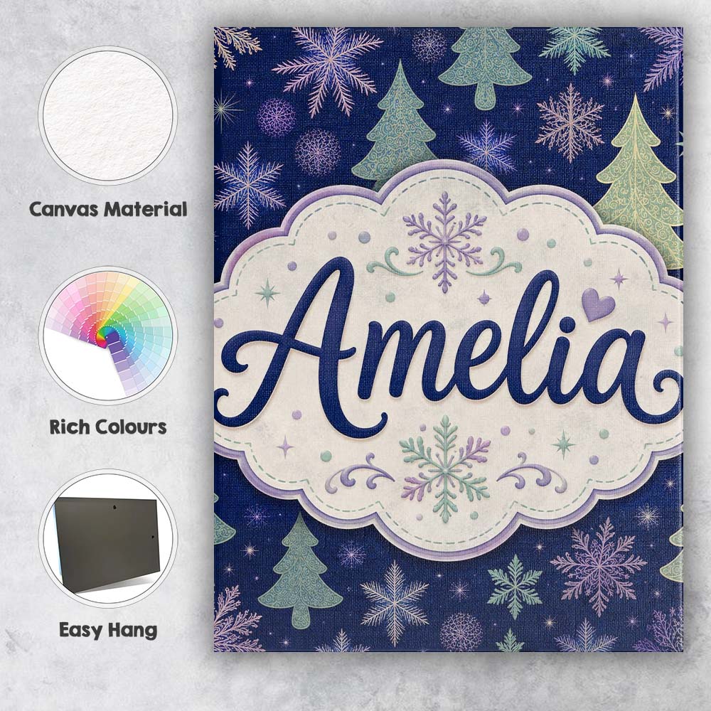 Personalised Name Elegant Winter Snowflakes Custom  Bespoke Interior Contemporary Canvas Wall Art Print Decor Picture Ready to Hang