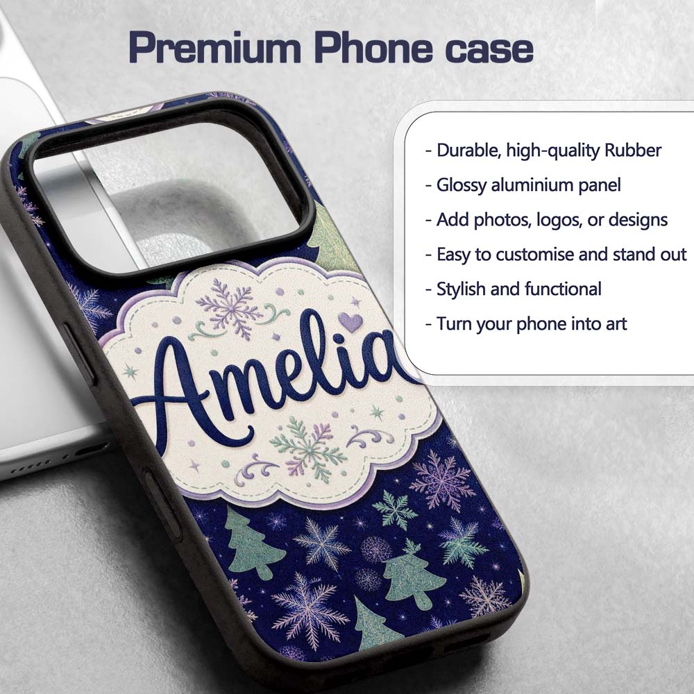 Elegant Winter Snowflakes and Christmas Trees Custom Name Protective Phone Case Mobile Cover Durable Everyday Smartphone Shock Resistant