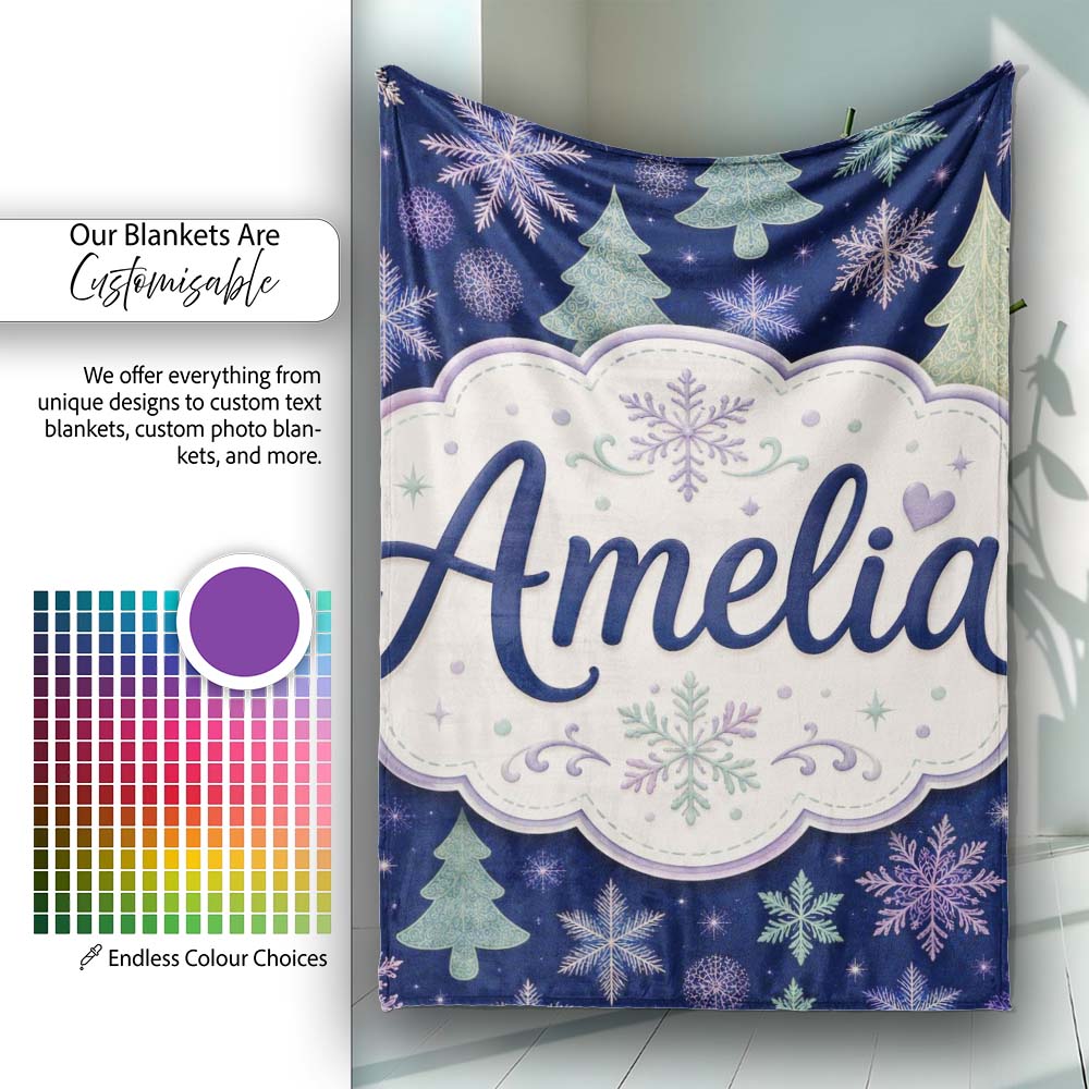 Elegant Winter Snowflakes and Christmas Trees Dark Blue Seamless  Personalised Custom Name Super Soft Fleece Blanket Bed Sofa Throw