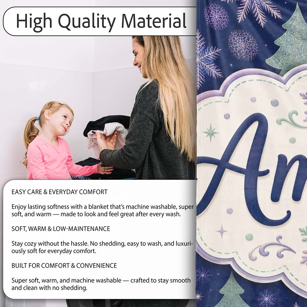 Elegant Winter Snowflakes and Christmas Trees Dark Blue Seamless  Personalised Custom Name Super Soft Fleece Blanket Bed Sofa Throw