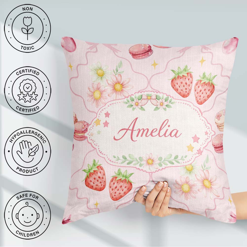 Custom Name Strawberry Daisy Seamless Pattern Soft Pink Coquette Square Filled Cushion Throw Pillow Sofa Bed Home Decor Zip Washable UK Made