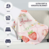 Strawberry Cherry Daisy Seamless Pattern Soft Pink Cute Coquette  Personalised Custom Name Super Soft Fleece Blanket Bed Sofa Throw