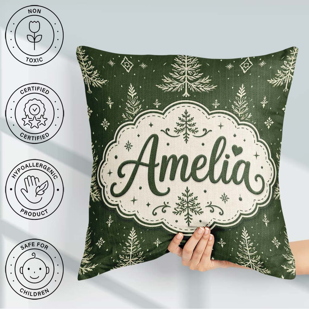 Custom Name Classic White Fir Trees Style Green Seamless Pattern Square Filled Cushion Throw Pillow Sofa Bed Home Decor Zip Washable UK Made