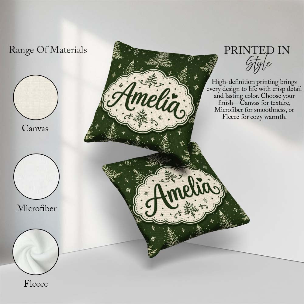 Custom Name Classic White Fir Trees Style Green Seamless Pattern Square Filled Cushion Throw Pillow Sofa Bed Home Decor Zip Washable UK Made