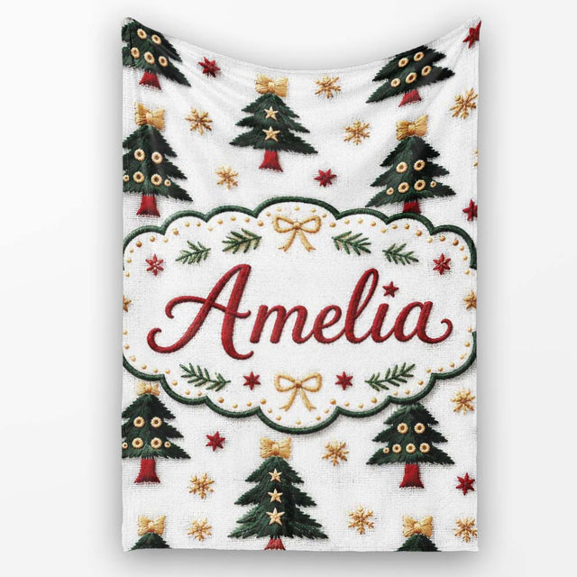 Festive Embroidered Christmas Trees Stars Seamless Pattern Lovely  Personalised Custom Name Super Soft Fleece Blanket Bed Sofa Throw
