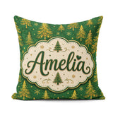 Custom Name Golden Christmas Trees Forest Green Seamless Pattern Square Filled Cushion Throw Pillow Sofa Bed Home Decor Zip Washable UK Made
