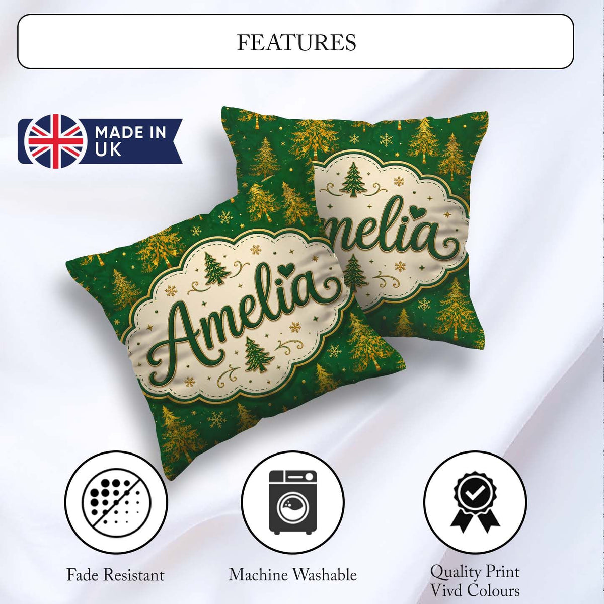 Custom Name Golden Christmas Trees Forest Green Seamless Pattern Square Filled Cushion Throw Pillow Sofa Bed Home Decor Zip Washable UK Made