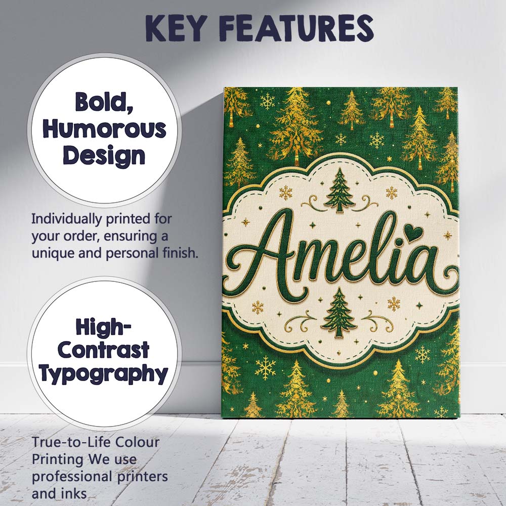 Personalised Name Golden Christmas Trees Custom  Unique Gift Idea Elegant Feature Canvas Wall Art Print Decor Picture Ready to Hang