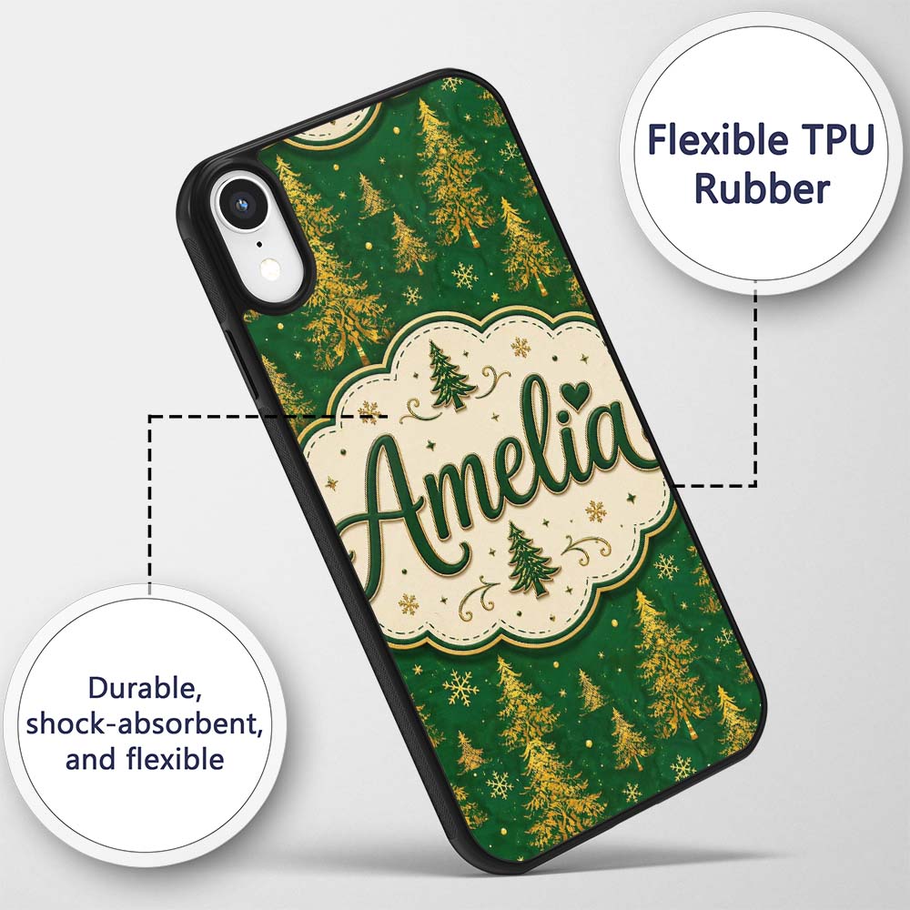 Golden Christmas Trees Forest Green Seamless Custom Name Protective Phone Case Mobile Cover Durable Everyday Smartphone Shock Resistant
