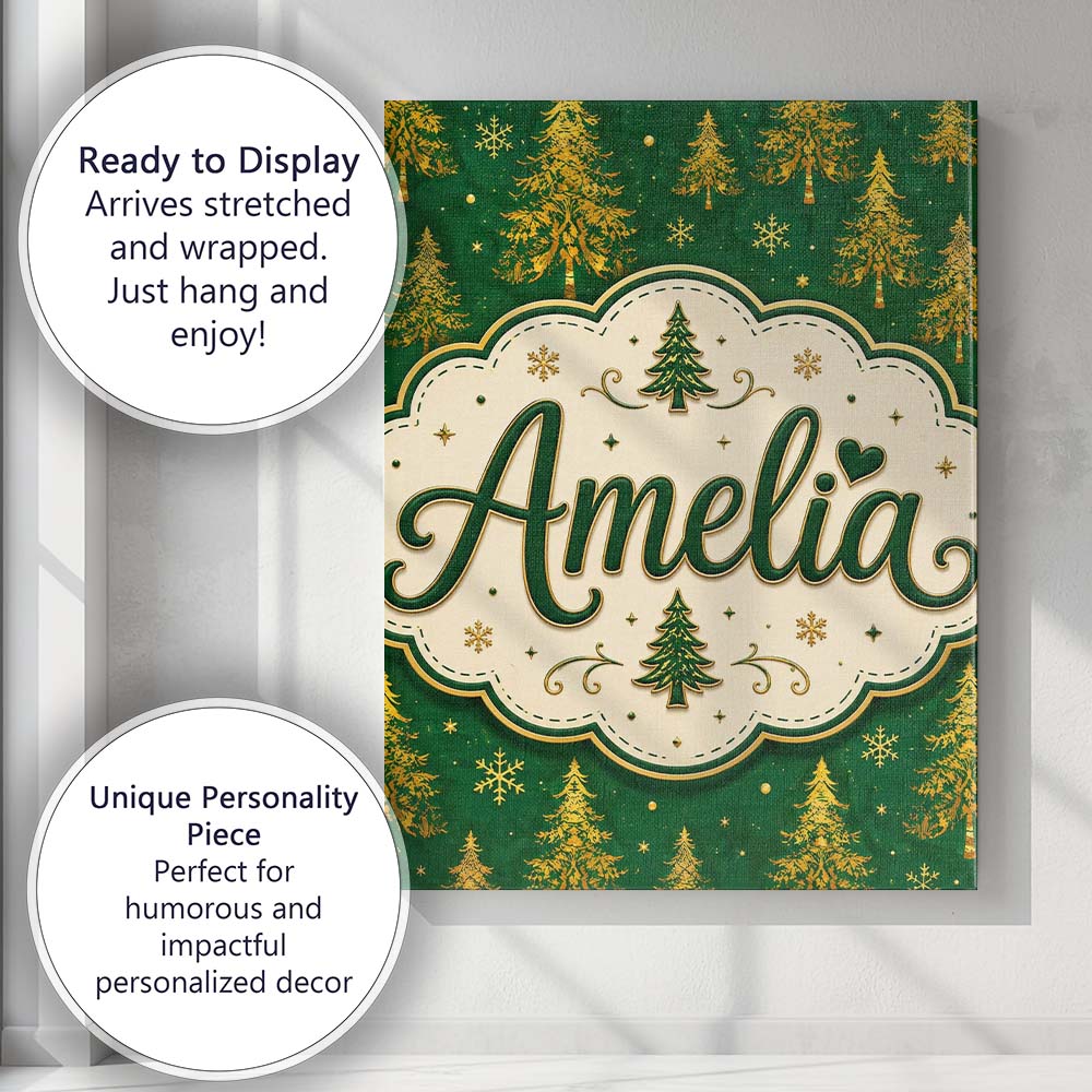 Personalised Name Golden Christmas Trees Custom  Unique Gift Idea Elegant Feature Canvas Wall Art Print Decor Picture Ready to Hang