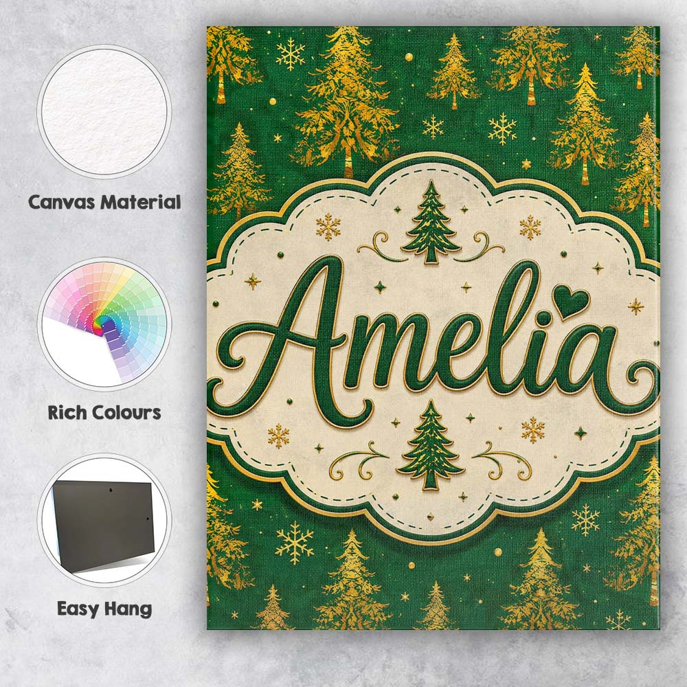 Personalised Name Golden Christmas Trees Custom  Unique Gift Idea Elegant Feature Canvas Wall Art Print Decor Picture Ready to Hang