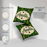 Custom Name Golden Christmas Trees Forest Green Seamless Pattern Square Filled Cushion Throw Pillow Sofa Bed Home Decor Zip Washable UK Made