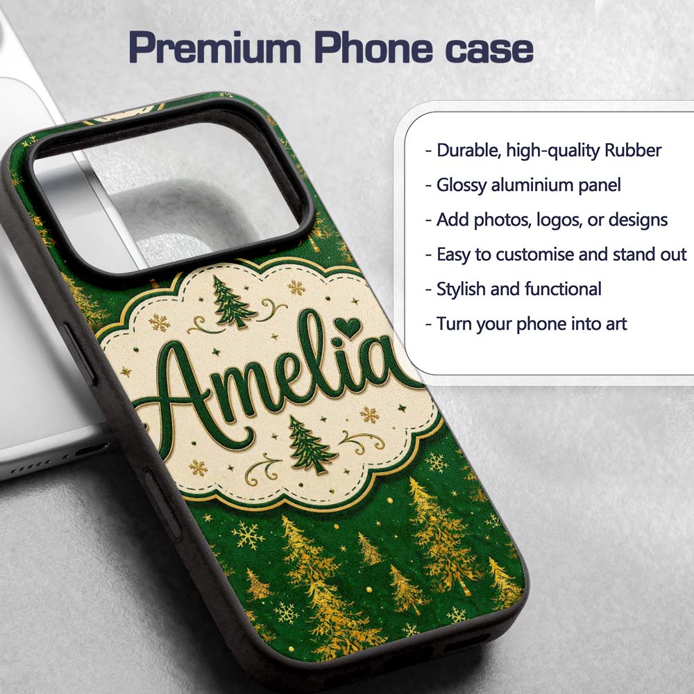 Golden Christmas Trees Forest Green Seamless Custom Name Protective Phone Case Mobile Cover Durable Everyday Smartphone Shock Resistant