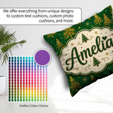 Custom Name Golden Christmas Trees Forest Green Seamless Pattern Square Filled Cushion Throw Pillow Sofa Bed Home Decor Zip Washable UK Made