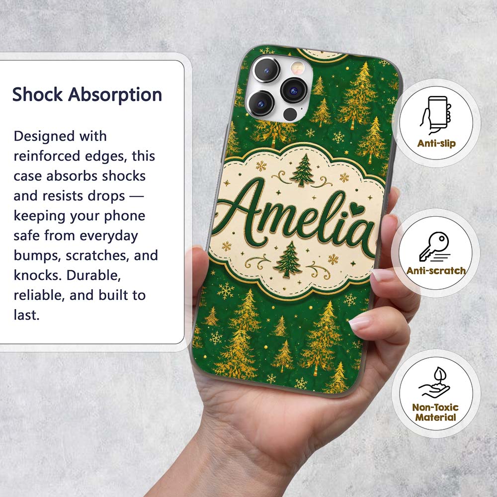 Golden Christmas Trees Forest Green Seamless Custom Name Protective Phone Case Mobile Cover Durable Everyday Smartphone Shock Resistant