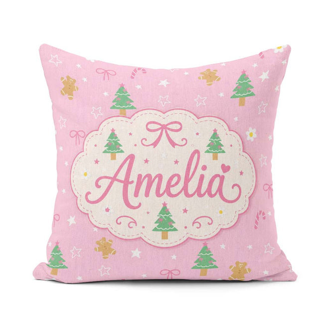 Custom Name Cute Christmas Trees Gingerbread Candy Pink Seamless Square Filled Cushion Throw Pillow Sofa Bed Home Decor Zip Washable UK Made