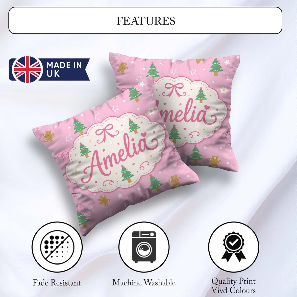 Custom Name Cute Christmas Trees Gingerbread Candy Pink Seamless Square Filled Cushion Throw Pillow Sofa Bed Home Decor Zip Washable UK Made