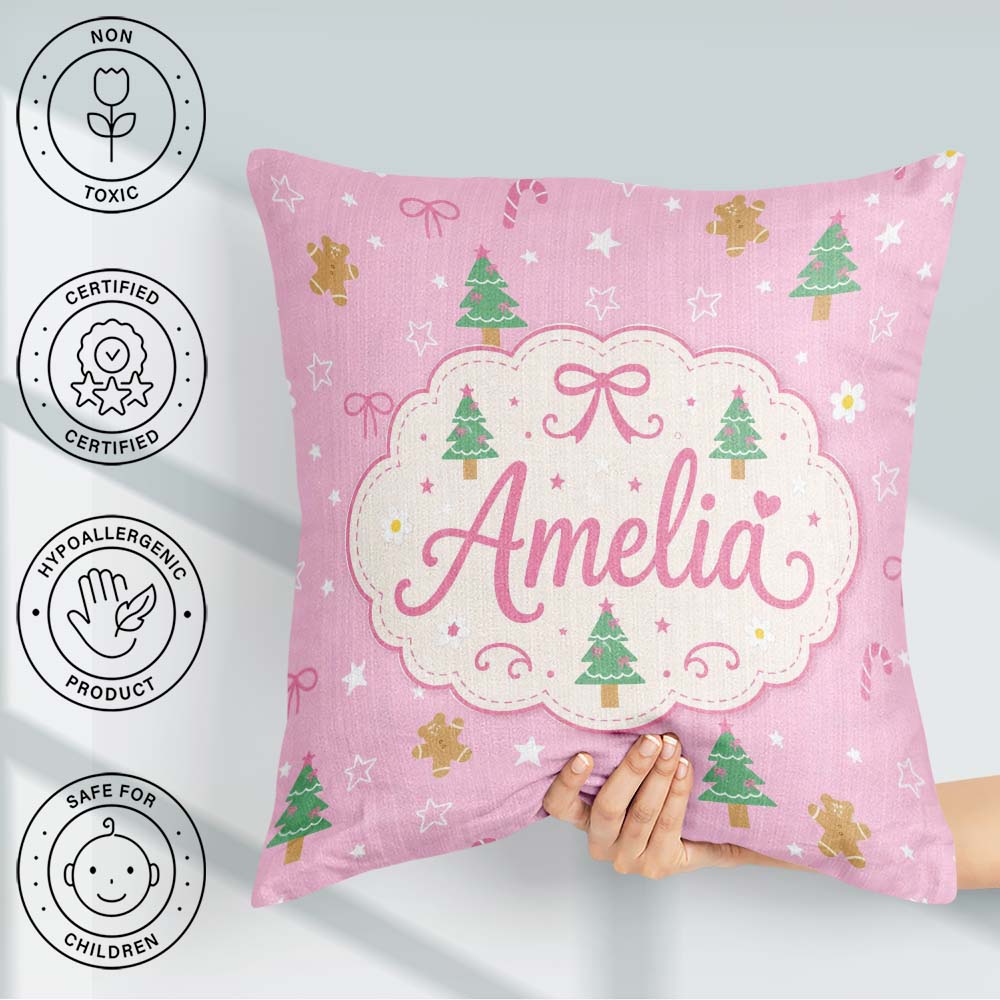Custom Name Cute Christmas Trees Gingerbread Candy Pink Seamless Square Filled Cushion Throw Pillow Sofa Bed Home Decor Zip Washable UK Made