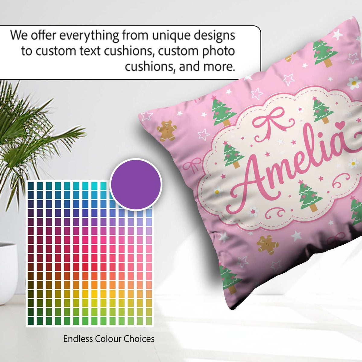 Custom Name Cute Christmas Trees Gingerbread Candy Pink Seamless Square Filled Cushion Throw Pillow Sofa Bed Home Decor Zip Washable UK Made
