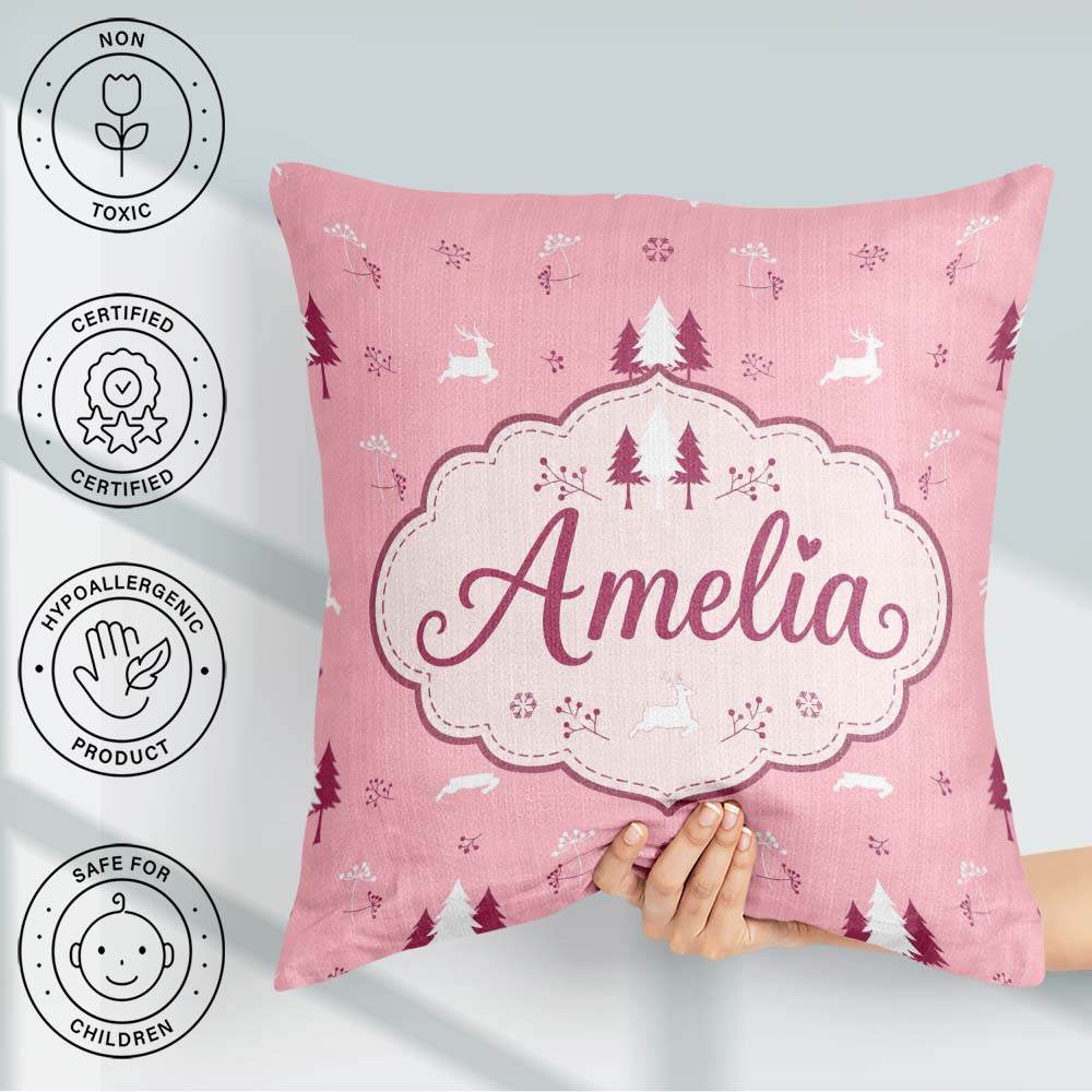 Custom Name Minimal Deer Forest Trees Pink Winter Pattern Lovely Square Filled Cushion Throw Pillow Sofa Bed Home Decor Zip Washable UK Made