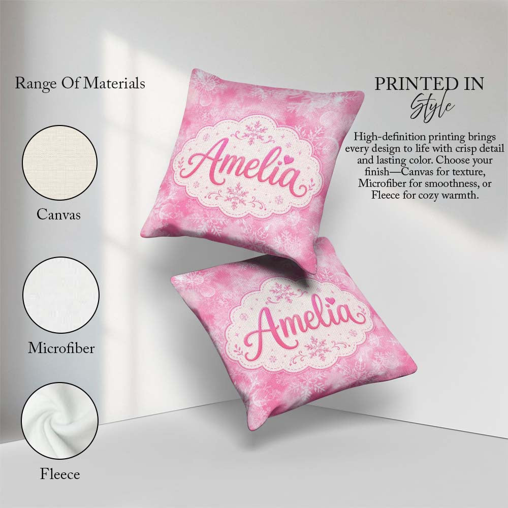Custom Name Soft Pink Winter Dreamy Glow Seamless Pattern Lovely Square Filled Cushion Throw Pillow Sofa Bed Home Decor Zip Washable UK Made