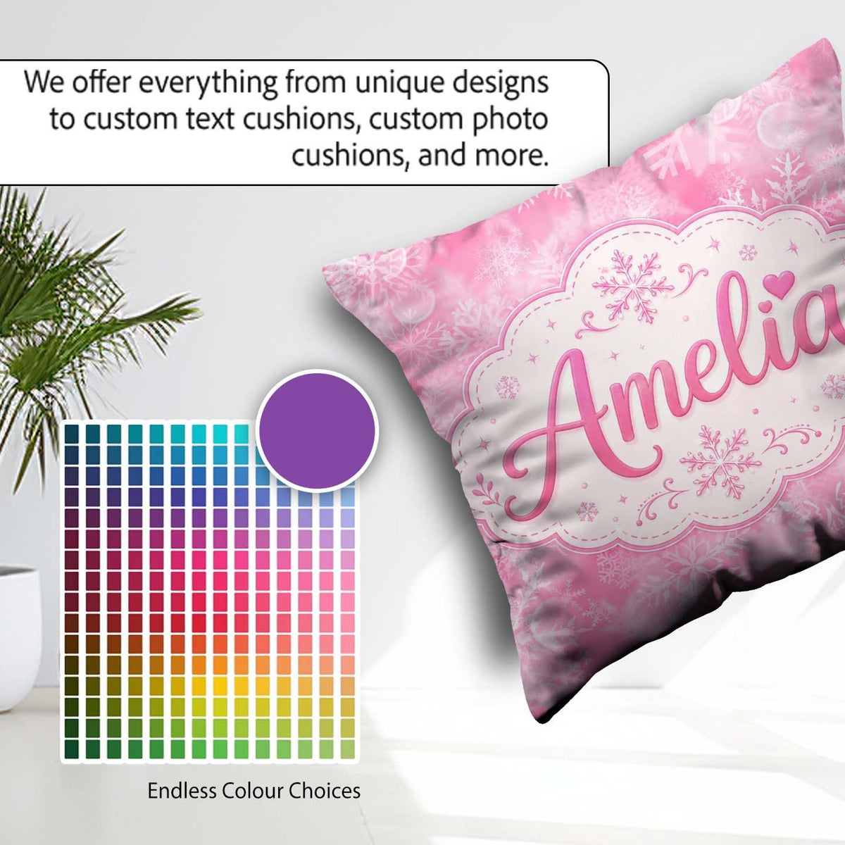 Custom Name Soft Pink Winter Dreamy Glow Seamless Pattern Lovely Square Filled Cushion Throw Pillow Sofa Bed Home Decor Zip Washable UK Made