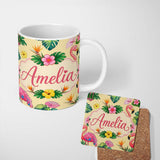 Personalized Custom Name Tropical Flamingo Bird with Exotic Flowers Leaves Pattern Yellow 11oz Ceramic Coffee Tea Mug White Large Handle