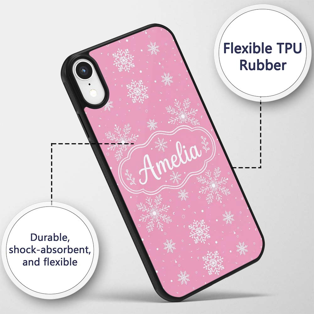 Cute Pink Snowflakes Minimal Winter Seamless Custom Name Protective Phone Case Mobile Cover Durable Everyday Smartphone Shock Resistant