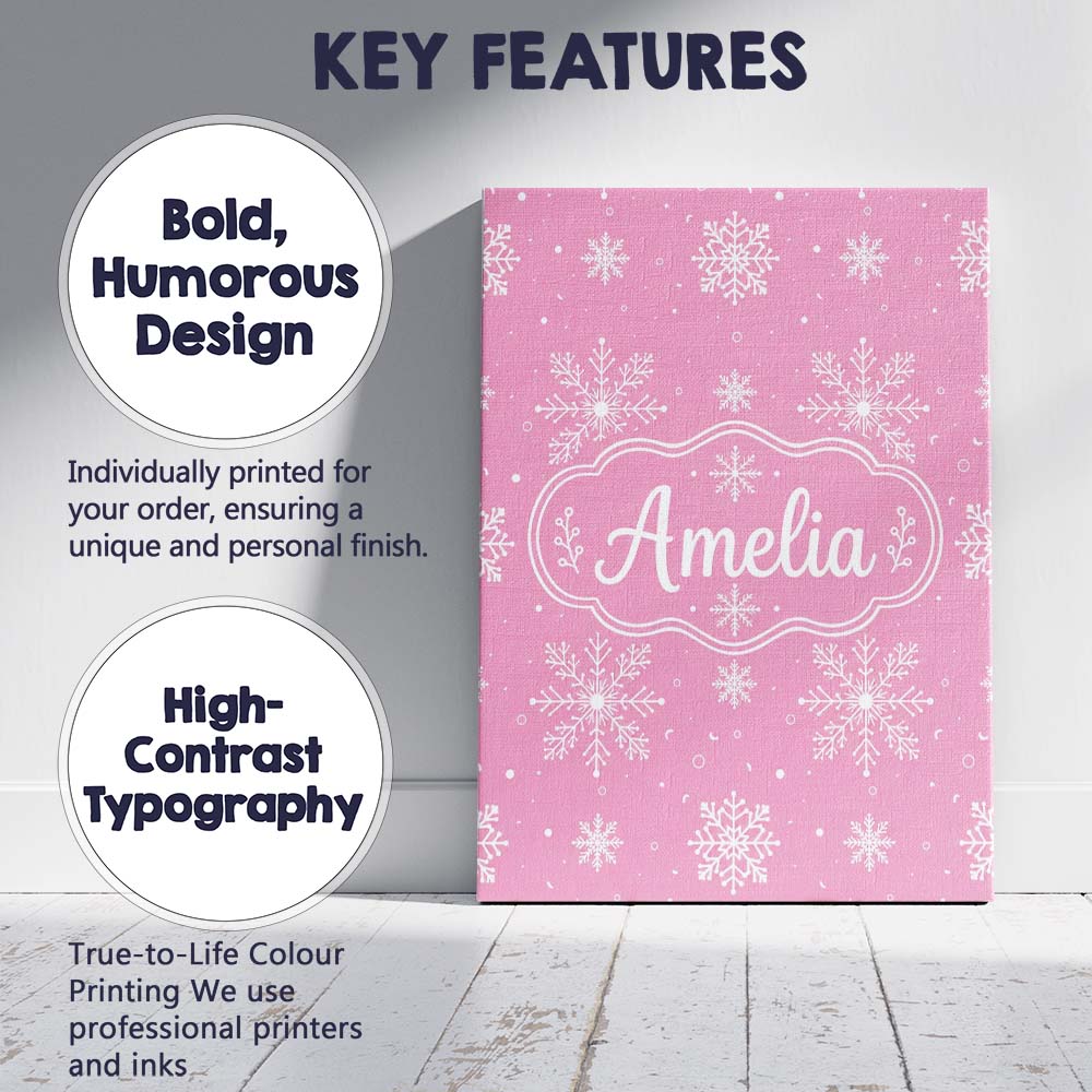 Personalised Name Cute Pink Snowflakes Custom  Modern Room Accent Elegant Feature Canvas Wall Art Print Decor Picture Ready to Hang