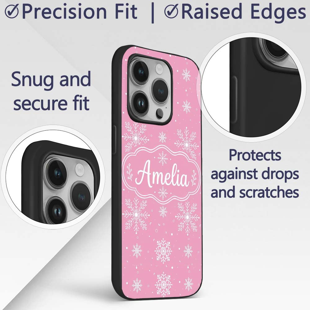 Cute Pink Snowflakes Minimal Winter Seamless Custom Name Protective Phone Case Mobile Cover Durable Everyday Smartphone Shock Resistant