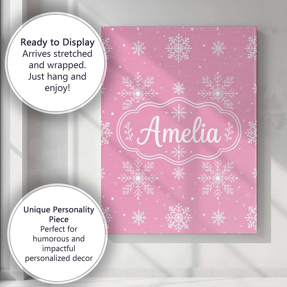 Personalised Name Cute Pink Snowflakes Custom  Modern Room Accent Elegant Feature Canvas Wall Art Print Decor Picture Ready to Hang