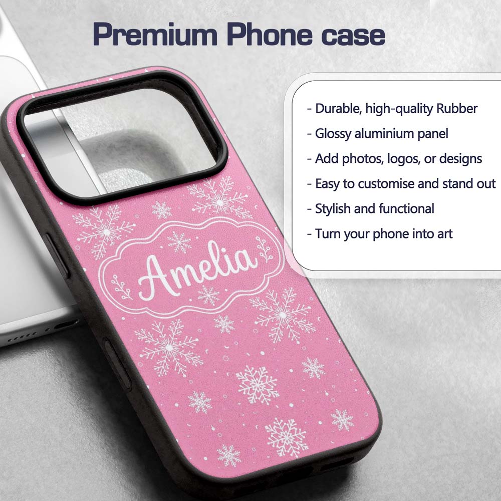 Cute Pink Snowflakes Minimal Winter Seamless Custom Name Protective Phone Case Mobile Cover Durable Everyday Smartphone Shock Resistant