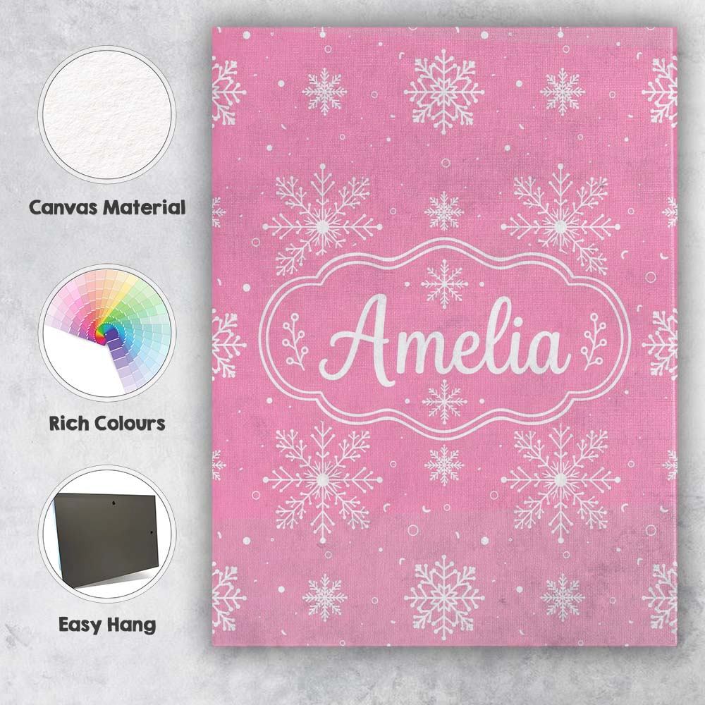 Personalised Name Cute Pink Snowflakes Custom  Modern Room Accent Elegant Feature Canvas Wall Art Print Decor Picture Ready to Hang
