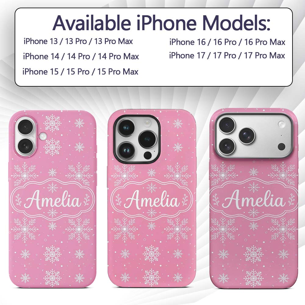 Cute Pink Snowflakes Minimal Winter Seamless Custom Name Protective Phone Case Mobile Cover Durable Everyday Smartphone Shock Resistant