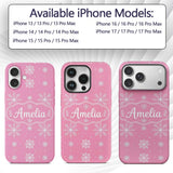 Cute Pink Snowflakes Minimal Winter Seamless Custom Name Protective Phone Case Mobile Cover Durable Everyday Smartphone Shock Resistant