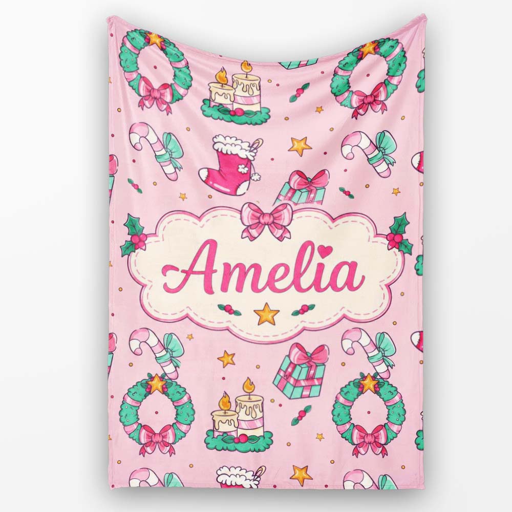 Cute Christmas Wreaths Gifts Candy Canes Seamless Pattern Lovely  Personalised Custom Name Super Soft Fleece Blanket Bed Sofa Throw