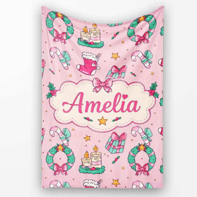 Cute Christmas Wreaths Gifts Candy Canes Seamless Pattern Lovely  Personalised Custom Name Super Soft Fleece Blanket Bed Sofa Throw