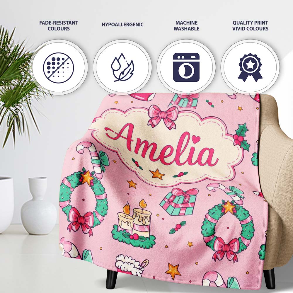 Cute Christmas Wreaths Gifts Candy Canes Seamless Pattern Lovely  Personalised Custom Name Super Soft Fleece Blanket Bed Sofa Throw