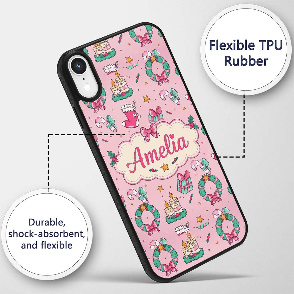 Cute Christmas Wreaths Gifts Candy Canes Seamless Custom Name Protective Phone Case Mobile Cover Durable Everyday Smartphone Shock Resistant