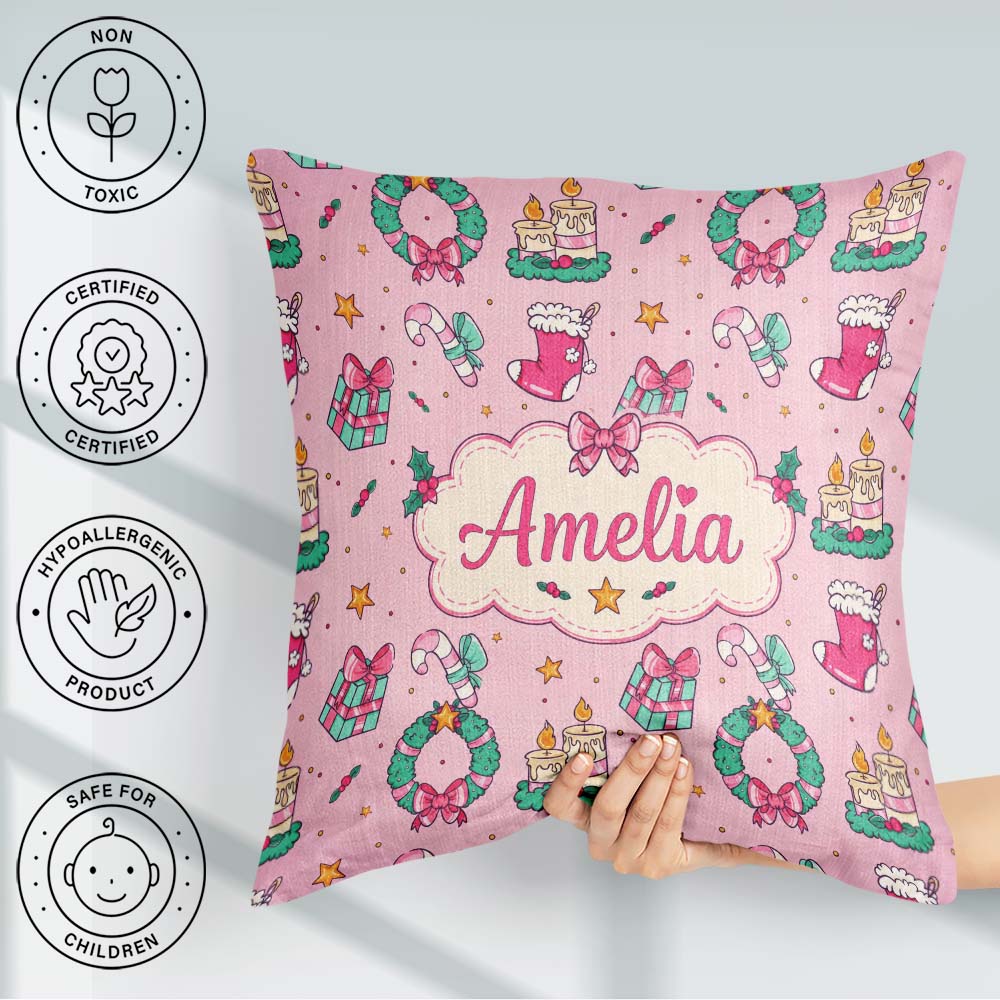 Custom Name Christmas Wreaths Gifts Candy Canes Seamless Pattern Square Filled Cushion Throw Pillow Sofa Bed Home Decor Zip Washable UK Made