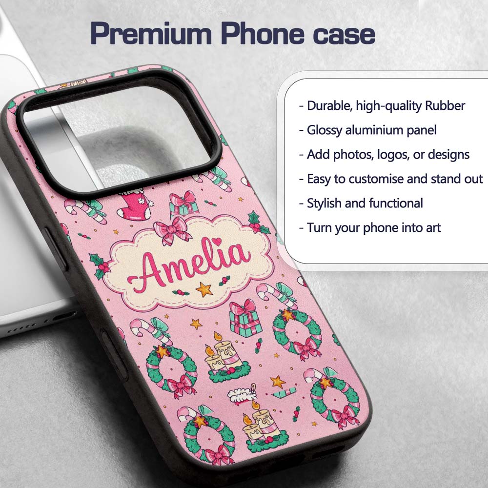 Cute Christmas Wreaths Gifts Candy Canes Seamless Custom Name Protective Phone Case Mobile Cover Durable Everyday Smartphone Shock Resistant