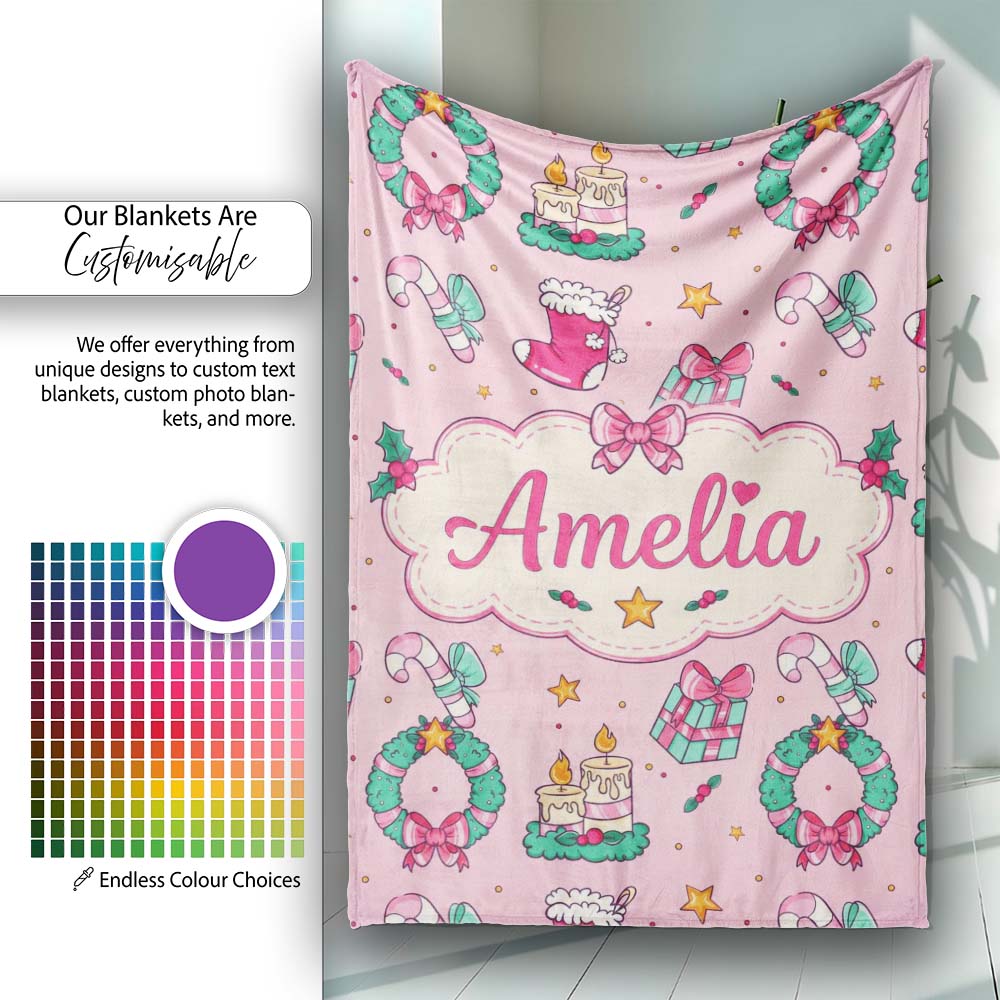Cute Christmas Wreaths Gifts Candy Canes Seamless Pattern Lovely  Personalised Custom Name Super Soft Fleece Blanket Bed Sofa Throw