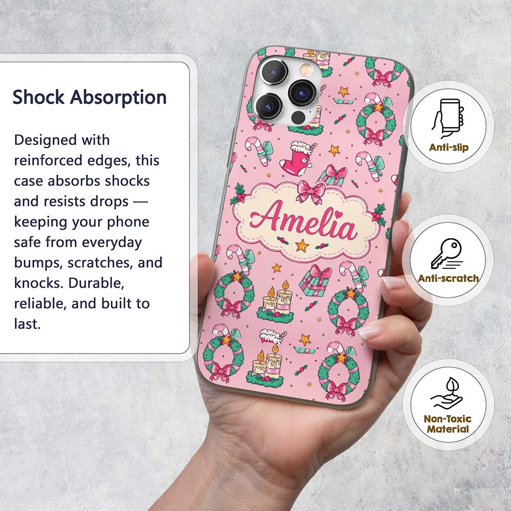 Cute Christmas Wreaths Gifts Candy Canes Seamless Custom Name Protective Phone Case Mobile Cover Durable Everyday Smartphone Shock Resistant